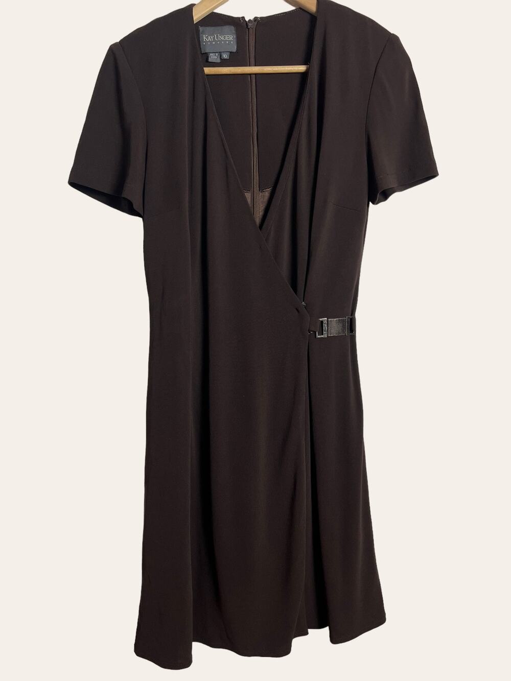 Kay Unger Chocolate Brown Short Sleeve V-Neck Wrap Dress Size 10